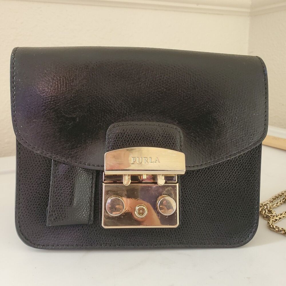 FURLA Metropolis Mini Crossbody Bag Black Leather Gold Chain Turn Lock Made in I